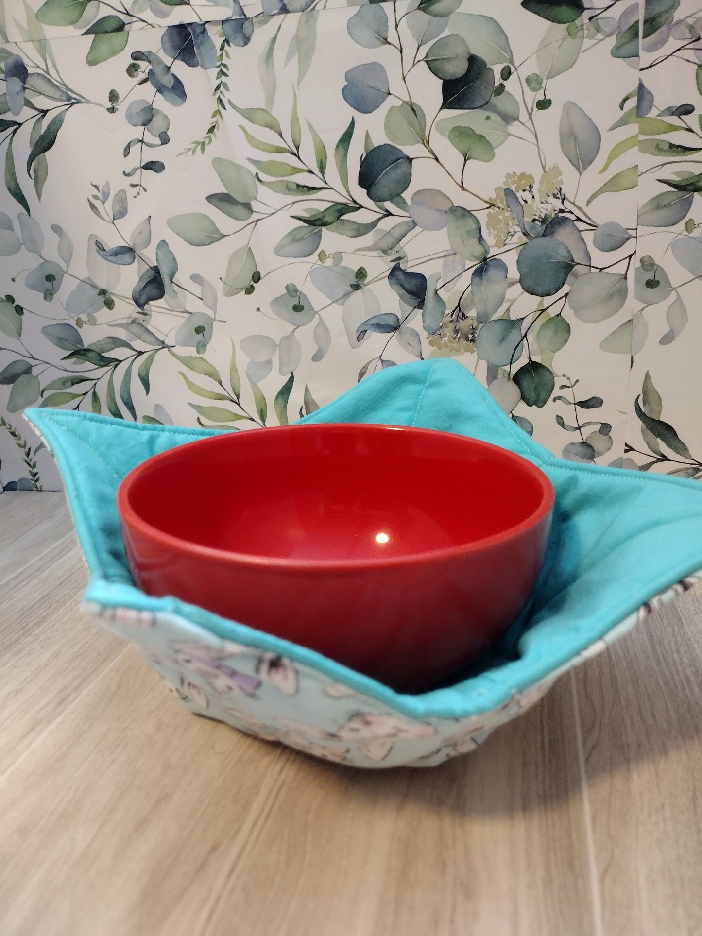 Teal Bunnies bowl koozie